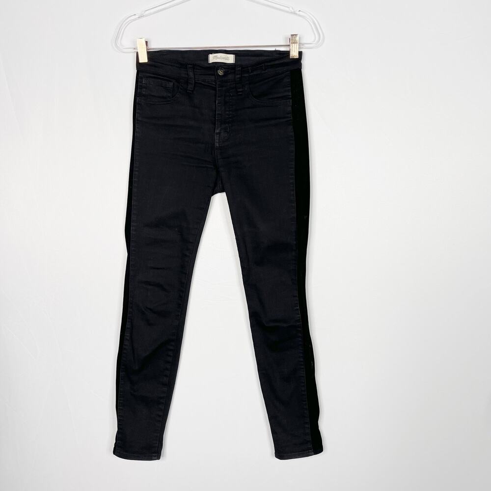 Madewell Womens 26 Black 9" High Rise Skinny Jeans Velvet Tuxedo Side Stripe